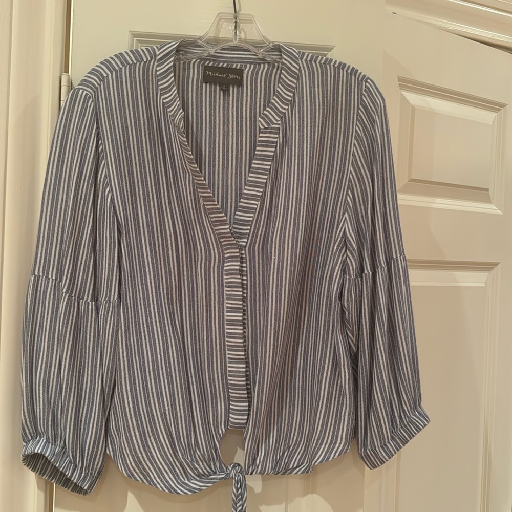Michael Stars blue and white striped blouse with tie front. Size M
